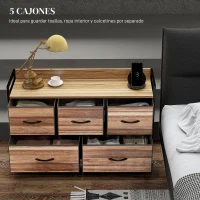 HOMCOM Cajonera de Tela con 5 Cajones y Marco Metálico Estilo Industrial para Salón Recibidor 98x29x63 cm Roble(m-4)