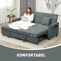 HOMCOM Sofa rozkładana 3-w-1, 3-osobowa kanapa 196x90 cm z funkcją spania, regulowane oparcie, narożnik z poduszkami, styl welur, do salonu, sypialni, szary(m-7)