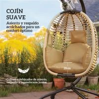 Outsunny Silla Colgante con Soporte Cesta Plegable Cojín y Reposacabezas para Interior y Exterior Carga 120 kg Beige(m-6)