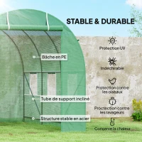 Outsunny Serre de Jardin Tunnel Surface Sol 7m² 3,5L x 2l x 2H m châssis Tubulaire renforcé Porte zippée 6 fenêtres enroulables Vert(m-4)