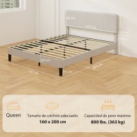 HOMCOM Somier 160x200 cm con Cabecero Ajustable Tapizado en Pana Láminas de Madera Fácil de Montar Gris Claro(m-3)
