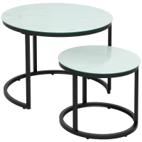 HOMCOM Glass Coffee Table Set of 2, Round Nest of Tables with Marble-Effect Tempered Glass Tabletop and Steel Frame, Modern Side Tables for Living Room, White(m-1)