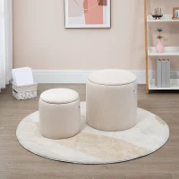 HOMCOM Lot de 2 poufs tabourets repose-pieds coffre de rangement en tissu aspect velours côtelé Ø40 cm et Ø30 cm, crème(m-10)