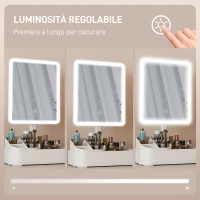HOMCOM Specchio da Trucco con Luce Regolabile su 2 Livelli, Rotazione 180° e Organizer per Trucchi, Bianco(m-5)