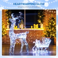 Outsunny Lighted Christmas Reindeer with Sleigh, Outdoor Yard Reindeer with 170 Warm White LED Lights, Holiday Decor with Stakes, Waterproof, Silver(m-4)