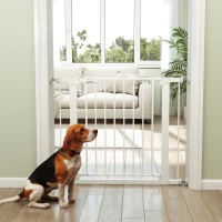 PawHut Barrera de Seguridad de Perros Extensible para Escaleras y Puertas 76-97 cm con 2 Extensiones de 7 cm Cierre Automático y Marco Metálico Altura 76 cm Blanco(m-2)