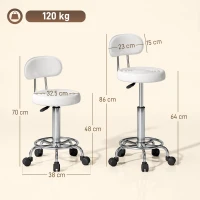 HOMCOM Taburet rotativ cu spătar și roți Scaun reglabil pentru salon de înfrumusețare Studiou tatuaje 32x40x70-86cm Alb(m-3)