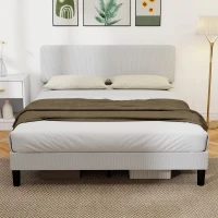 HOMCOM Somier 160x200 cm con Cabecero Ajustable Tapizado en Pana Láminas de Madera Fácil de Montar Gris Claro(m-2)