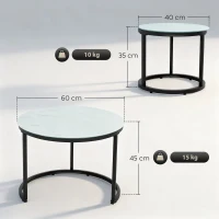 HOMCOM Glass Coffee Table Set of 2, Round Nest of Tables with Marble-Effect Tempered Glass Tabletop and Steel Frame, Modern Side Tables for Living Room, White(m-3)