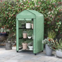 Outsunny Mini serre de jardin avec 3 étagères, bâche PE haute densité, porte enroulable, 4 roulettes, dim. 69L x 49l x 130H cm(m-10)