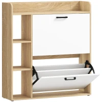 HOMCOM Zapatero Estrecho con 2 Puertas 3 Estantes Laterales y Estantes Ajustables para 15 Pares de Zapatos Natural y Blanco(m-1)