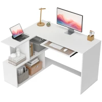 HOMCOM Birou pe Colț Modern cu Tavă Glisantă pentru Tastatură și Rafturi cu 4 Nivele, Alb(m-11)