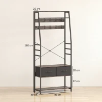 HOMCOM Coat Rack with Shoe Storage, Hall Tree, Industrial Coat Stand with Shoe Bench, 10 Removable Hooks, 2 Fabric Drawers and Clothes Rail for Entryway, Hallway, Grey(m-3)