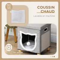 PawHut Niche chat interieur maison chat interieur 2 en 1 pied en bois coussin amovible lavable balle, 35,5x35,5x42,5cm, gris(m-6)