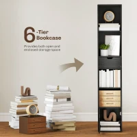 HOMCOM 6-Tier Bookcase, Tall Narrow Bookshelf with Drawer and Door - Black(m-4)