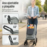 HOMCOM Carrito de Compra Plegable de 46 L Carro 3 en 1 con 6 Ruedas Bolsa Térmica y Asa Ajustable 44x58x100 cm Gris(m-6)