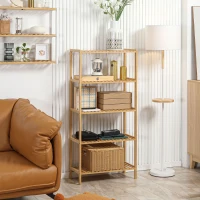 HOMCOM Étagère de rangement en bambou à 5 niveaux, bibliothèque pour salon, chambre et bureau, 60 x 26 x 130 cm, bois naturel(m-10)
