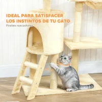 PawHut Árbol Rascador para Gatos Altura 134 cm con 6 Postes 3 Plataformas Cueva Hamaca Escalera 4 Juguetes Colgantes Beige(m-7)
