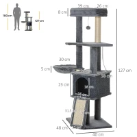 PawHut Árbol Rascador para Gatos Árbol para Gatos 127 cm con Cueva Hamaca Cama Plataformas Rampa de Sisal Bola Colgante Gris(m-3)