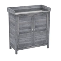 Outsunny Mesa de plantio com armário inferior em madeira, armário de jardim exterior com tampo galvanizado, 2 prateleiras Cinza(m-1)