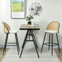 HOMCOM Juego de 2 Taburetes de Bar con Respaldo de Ratán Asiento Tapizado en Borreguito Marco de Acero y Reposapiés Crema(m-8)