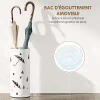 HOMCOM Porte parapluie cylindrique support pour parapluies bac d'égouttement amovible et 4 crochets, Ø 17 x 41 cm, blanc(m-5)