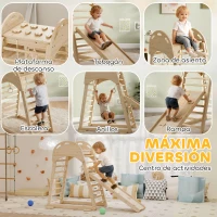 AIYAPLAY 6 en 1 Triángulo de Escalada Montessori con Plataforma y Anillos Estructura de Escalada de Madera con Tobogán Natural(m-4)