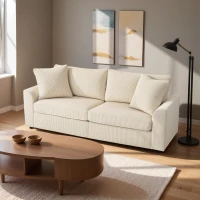 HOMCOM Sofá de 3 Plazas Tapizado en Pana con 2 Almohadas Reposabrazos y Cojín de Muelles para Salón 212x80x88 cm Crema(m-7)