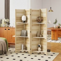HOMCOM Paravent intérieur en bois 4 panneaux 160 x 170 cm, séparateur de pièce pliable avec 3 étagères, bois naturel(m-10)