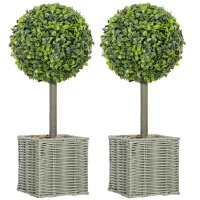 HOMCOM Set de 2 plante artificiale decorative, bile de buxus artificial 50 cm cu ghiveci din plastic împletit și pietre, verde(m-7)