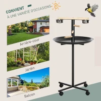 PawHut Perchoir perroquet mangeoire à oiseaux sur pied 4 roulettes, 2 mangeoires en acier inoxydable, Ø 60 x 111 cm, gris(m-4)