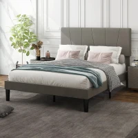 HOMCOM Double Bed Frame, with Velvet-Feel Headboard - Grey(m-2)