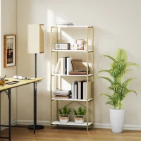 HOMCOM 5-Tier Bookshelf, Modern Bookcase with Metal Frame - White and Gold Tone(m-7)