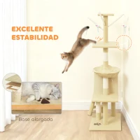 PawHut Árbol Rascador para Gatos Altura 134 cm con 6 Postes 3 Plataformas Cueva Hamaca Escalera 4 Juguetes Colgantes Beige(m-6)