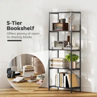 HOMCOM 5-Tier Bookshelf, Industrial Bookcase with Metal Frame - Dark Grey and Black(m-4)