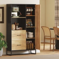 HOMCOM Armoire de cuisine meuble de rangement, 2 tiroirs 1 placard 2 niches et étagères réglables, 88x35x160cm, noir et naturel(m-10)