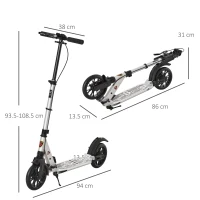 HOMCOM Teen/Adults Aluminium Folding Kick Scooter w/ Shock Mitigation System Silver(m-3)