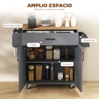 HOMCOM Isla de Cocina con Ruedas con Cajón Armario con Puertas Toallero y Especiero 105x36x85 cm Gris(m-4)