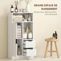 HOMCOM Meuble de salle de bain, meuble de rangement étroit avec 2 tiroirs, compartiments ouverts, 50x25x100cm, blanc(m-4)
