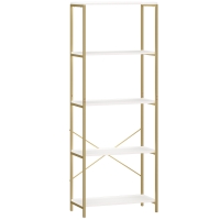 HOMCOM 5-Tier Bookshelf, Modern Bookcase with Metal Frame - White and Gold Tone