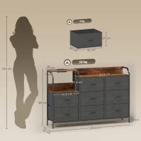 HOMCOM Comodă cu 8 sertare din material textil, cadru din oțel, stație de încărcare, Rustic-Maro+Negru(m-3)