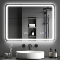 HOMCOM Miroir salle de bain Bluetooth avec éclairage LED 60 x 80 cm, miroir lumineux mural avec horloge, antibuée, argenté(m-11)