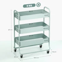 HOMCOM 3-Tier Storage Trolley on Wheels, Rolling Utility Cart with Mesh Backets for Kitchen, Bathroom, Bedroom, Light Green(m-3)