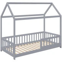 HOMCOM House-Shaped Kids Bed Frame with Guard Rails, Solid Pine Wood Single Bed Frame for Kids Boys and Girls, Grey(m-1)