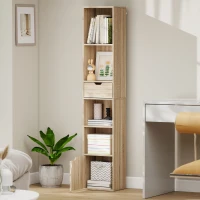 HOMCOM 6-Tier Bookcase, Tall Narrow Bookshelf with Drawer and Door - Natural Wood Finish(m-9)