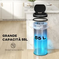 HOMCOM Bidone per Rifiuti da 55L con Sensore per Apertura Automatica e Chiusura Ammortizzata, 32x30x72.5 cm, Argento(m-5)