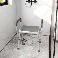 HOMCOM Sgabello per Doccia Regolabile con Braccioli e Fori di Drenaggio in Alluminio, 52x45x57-69 cm, Grigio(m-9)