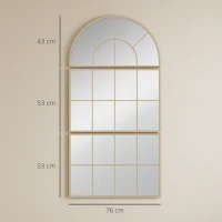 HOMCOM Oglindă de perete arcuită oglindă de perete în formă de fereastră set de 3 piese cadru din metal 76 x 150 cm auriu(m-3)