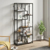HOMCOM Seven-Tier Geometric Bookcase - Grey/Black(m-7)