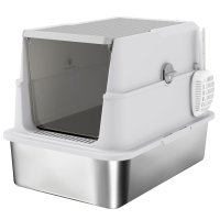 PawHut Arenero para Gatos Grandes de Acero Inoxidable con Tapa Abatible, Pala y Desodorante, Gris claro